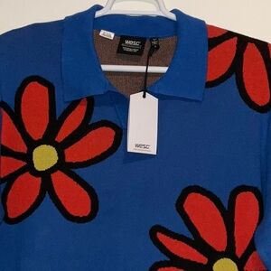 WESC SUOMI BLUE RED YELLOW OVERSIZED DAISY FLORAL 100% COTTON POLO SHIRT XL NWT